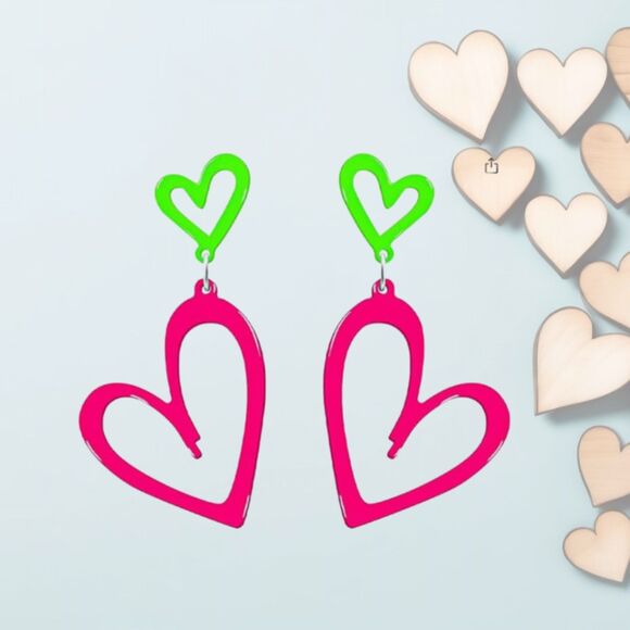 Neon Pink Open Heart Dangles from a Neon Green Open Heart - Picture 2 of 6